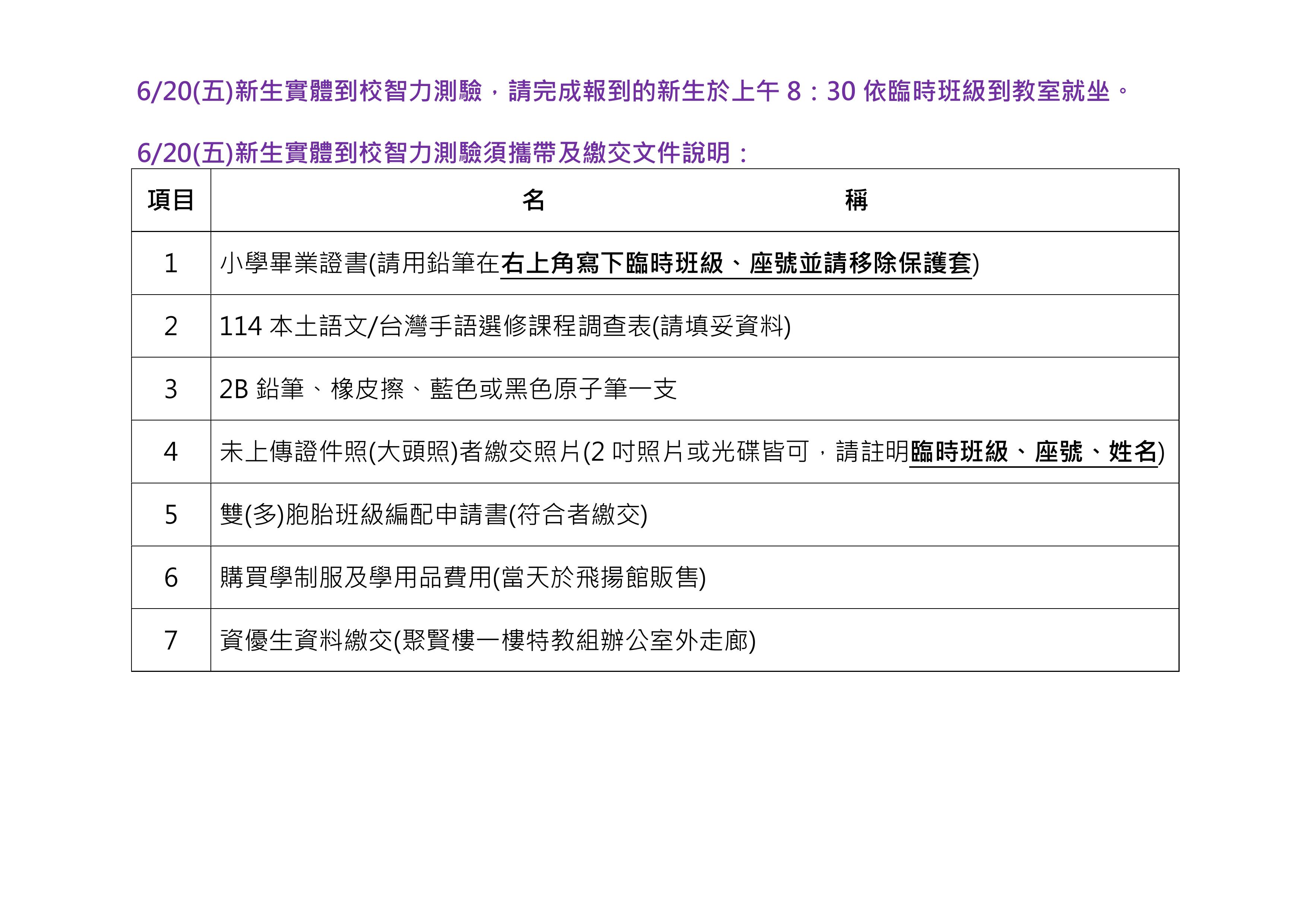 智力測驗須攜帶及繳交文件說明