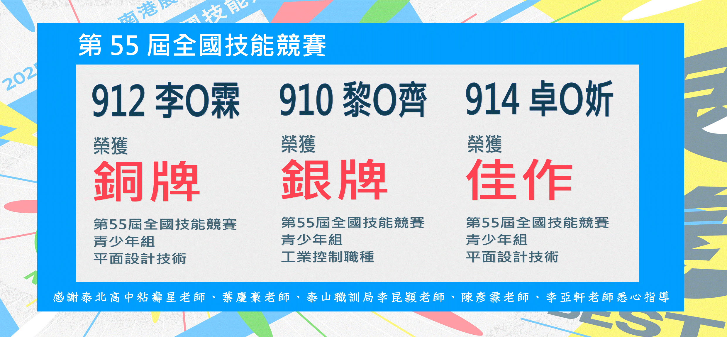 第55屆全國技能競賽全國賽 - 獲獎成績