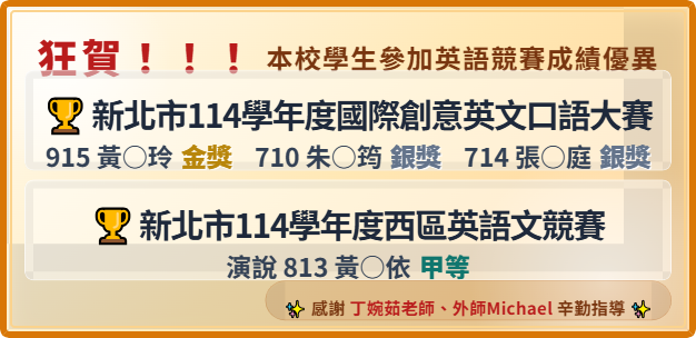 新北市國際創意英文口語大賽及西區英語文競賽獲獎
