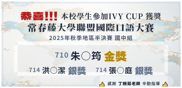 IVY CUP 常春藤大學聯盟國際口語大賽獲獎