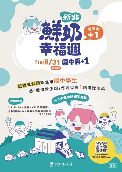 新北鮮奶幸福週-幸福營養再+1」政策，自115年8月31日擴大補助至國中階段學生